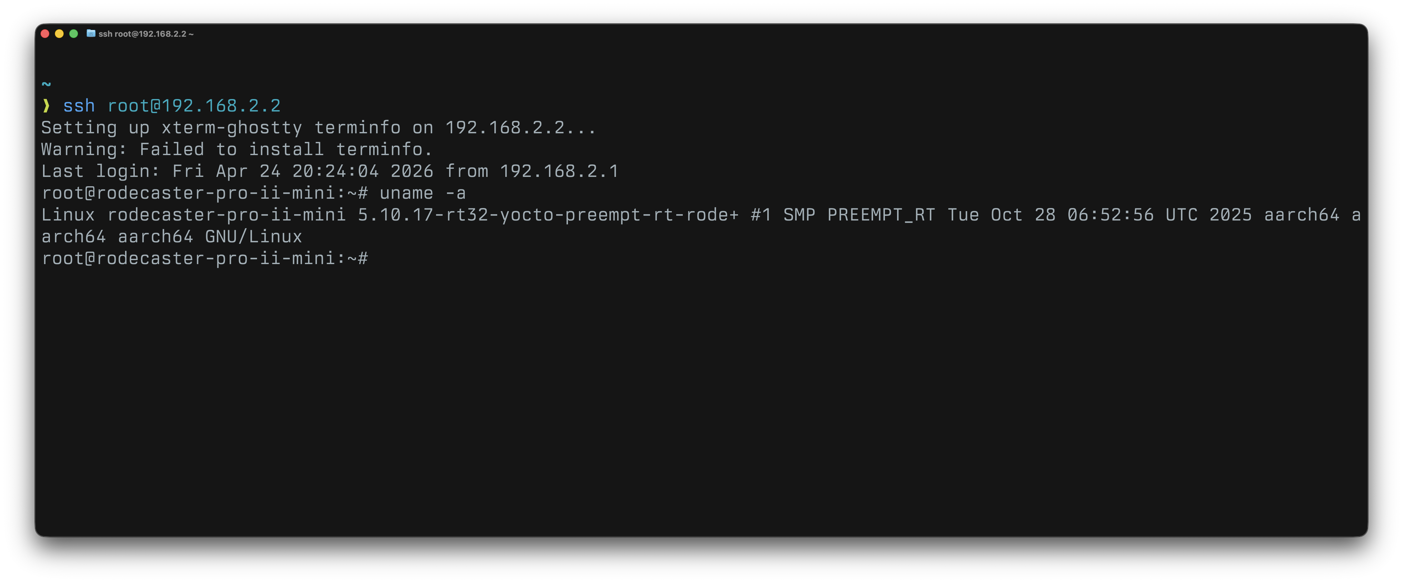 A terminal window showing an SSH session to root@192.168.2.2. After logging in, `uname -a` is run and returns: 'Linux rodecaster-pro-ii-mini 5.10.17-rt32-yocto-preempt-rt-rode+ #1 SMP PREEMPT_RT Tue Oct 28 06:52:56 UTC 2025 aarch64 aarch64 aarch64 GNU/Linux', confirming a root shell on the Rodecaster device.